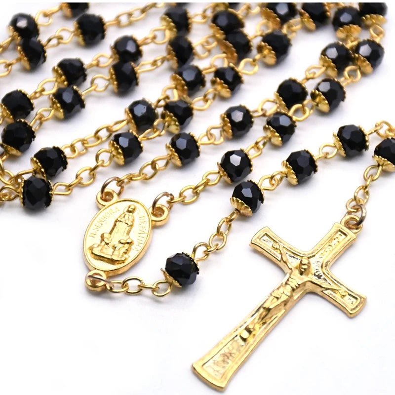 Catholic Jewelry Black Glass Crystal Beads Fatima Cross Pendant Rosary Necklace For Men Women by Creative Vault Marketplace