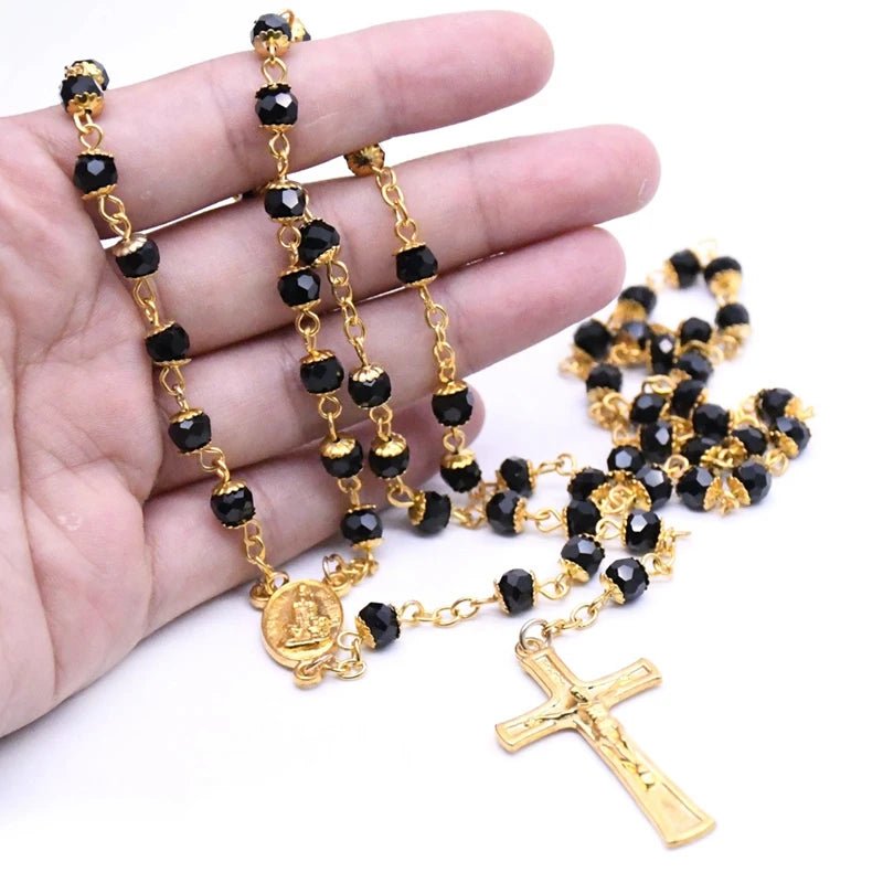 Catholic Jewelry Black Glass Crystal Beads Fatima Cross Pendant Rosary Necklace For Men Women by Creative Vault Marketplace