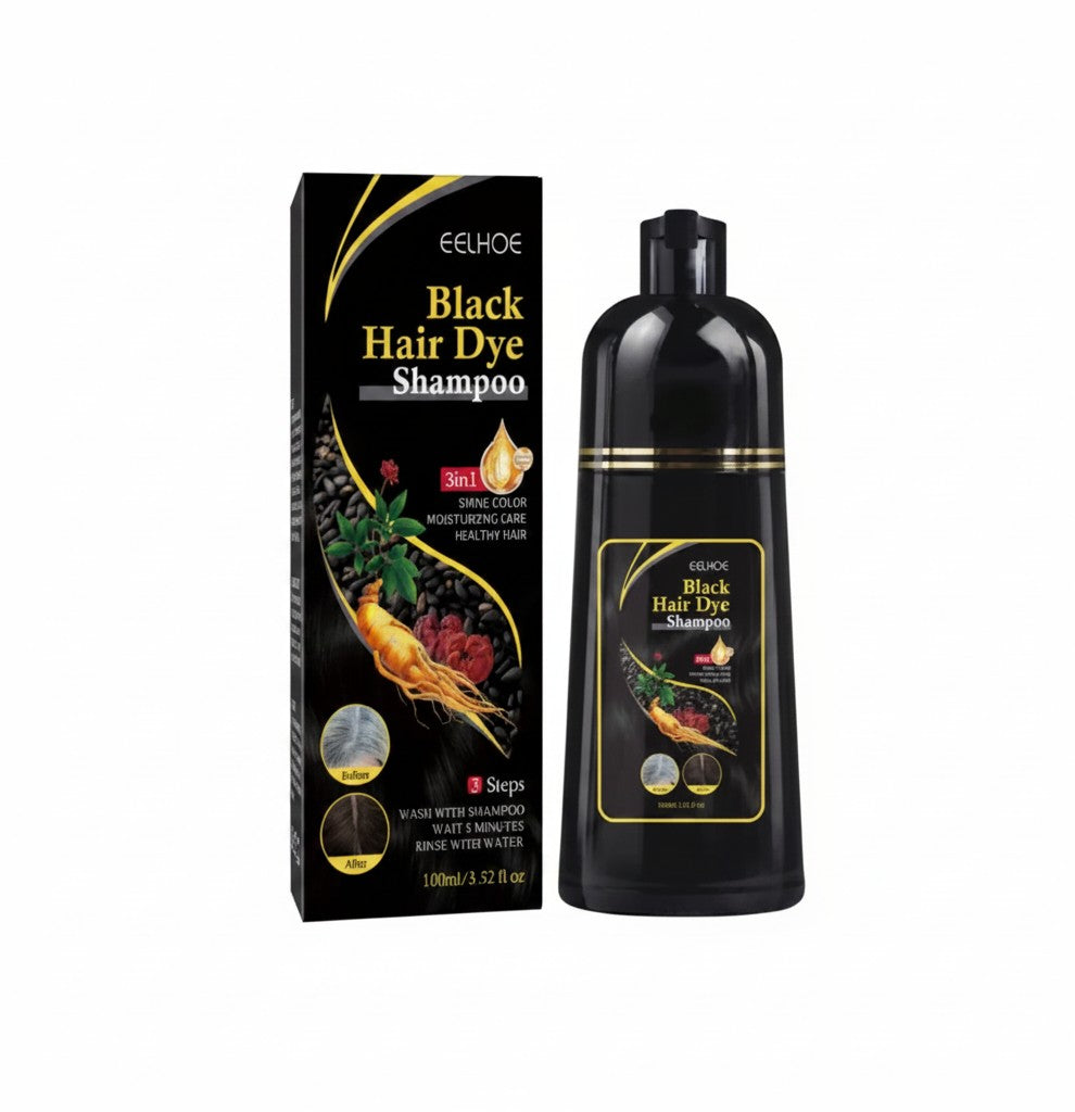 Creative Vault Marketplace black hair dye shampoo bottle with box, featuring ginseng extract for gray coverage.