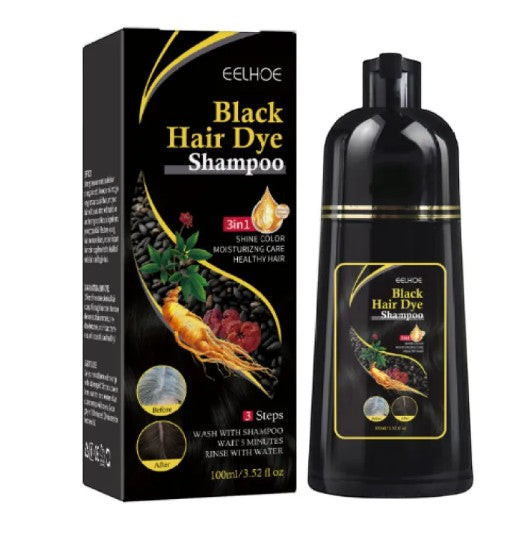 Creative Vault Marketplace black hair dye shampoo bottle and box with ginseng extract for gray coverage