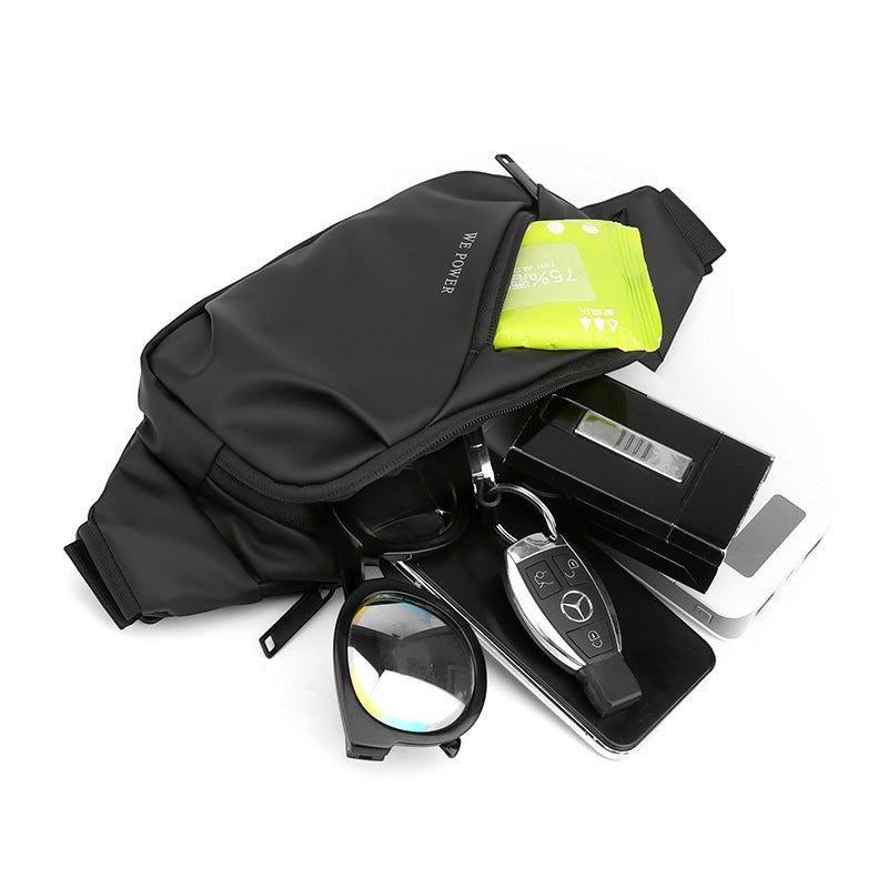 Creative Vault Marketplace black waterproof nylon waist bag with open compartments showing organized daily essentials