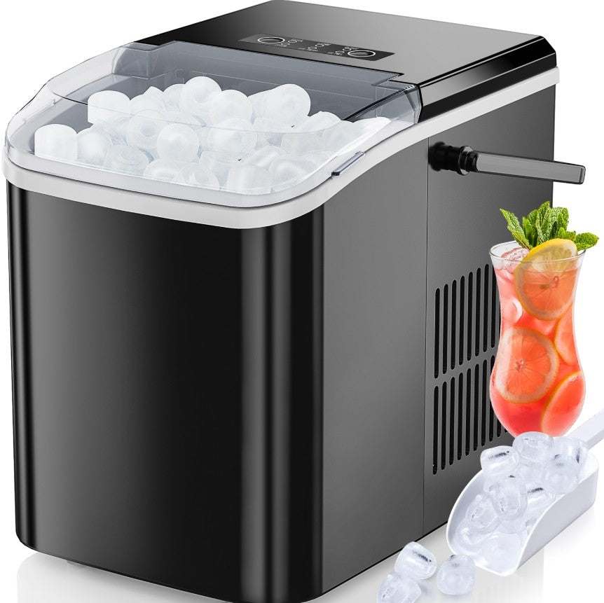 Creative Vault Marketplace black portable countertop ice maker with transparent lid, ice scoop, and refreshing drink.