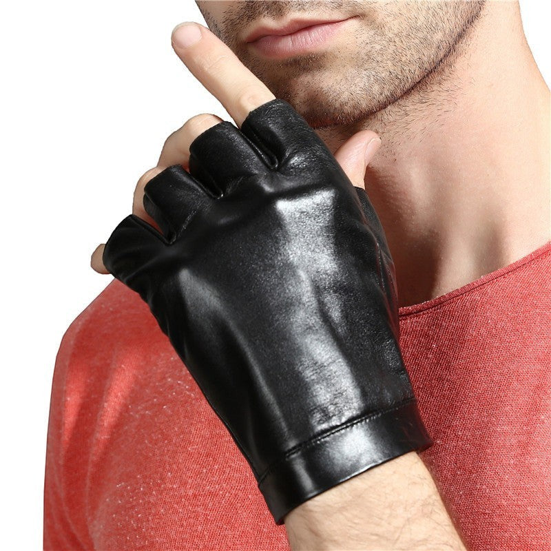 Creative Vault Marketplace men's black sheepskin leather half-finger motorcycle gloves worn by a man