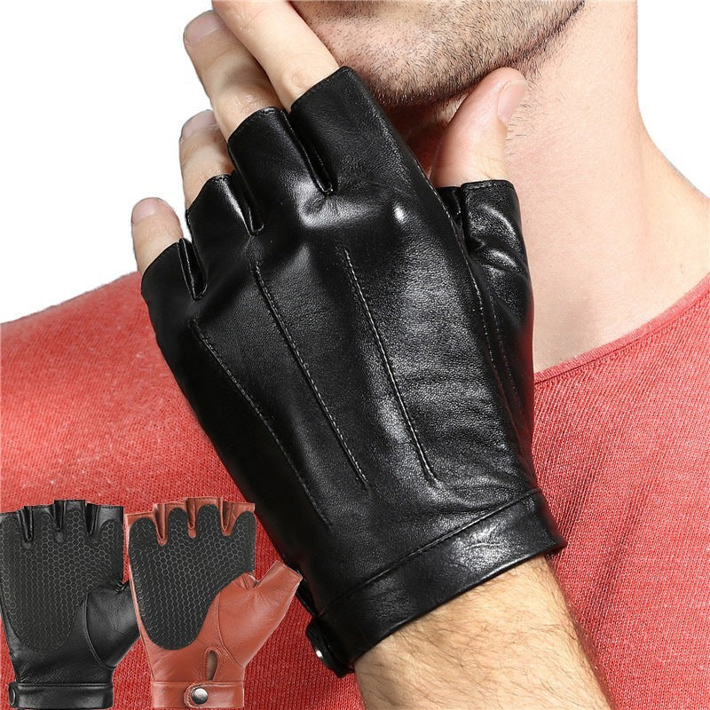 Creative Vault Marketplace black sheepskin leather half-finger motorcycle gloves worn by a man