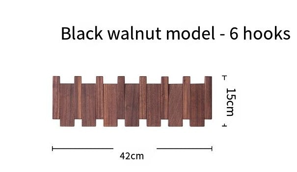 Creative Vault Marketplace black walnut piano key coat rack with 6 hooks and dimensions shown on a white background