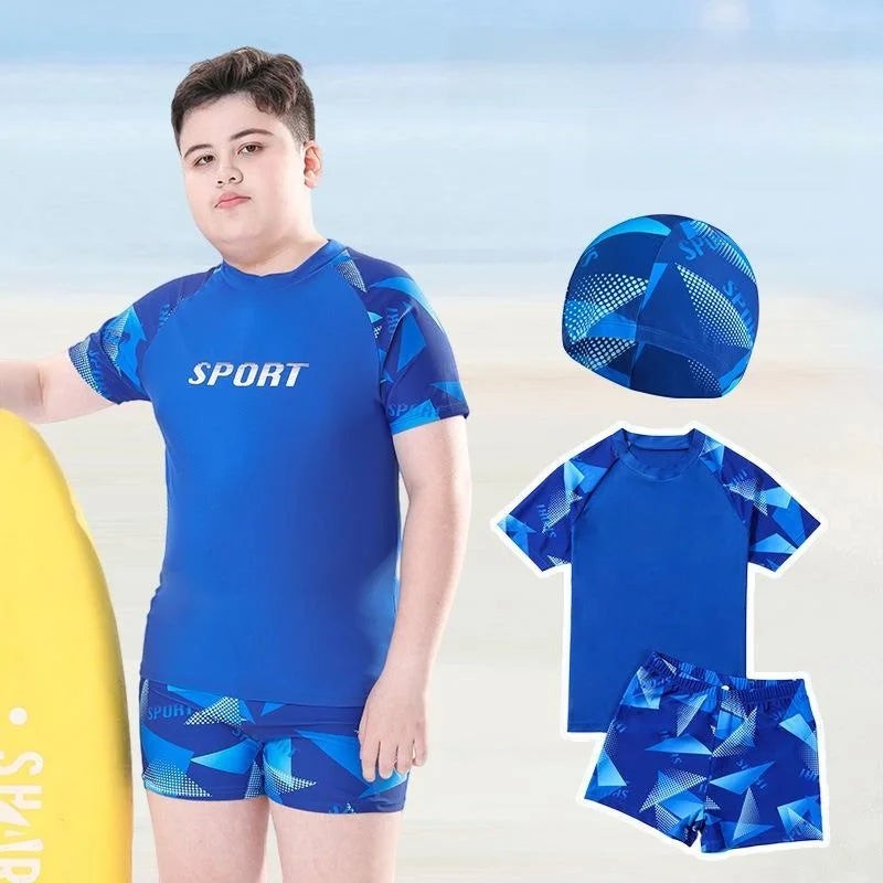 Creative Vault Marketplace boys' blue two-piece quick-dry swimsuit with geometric pattern and matching swim cap