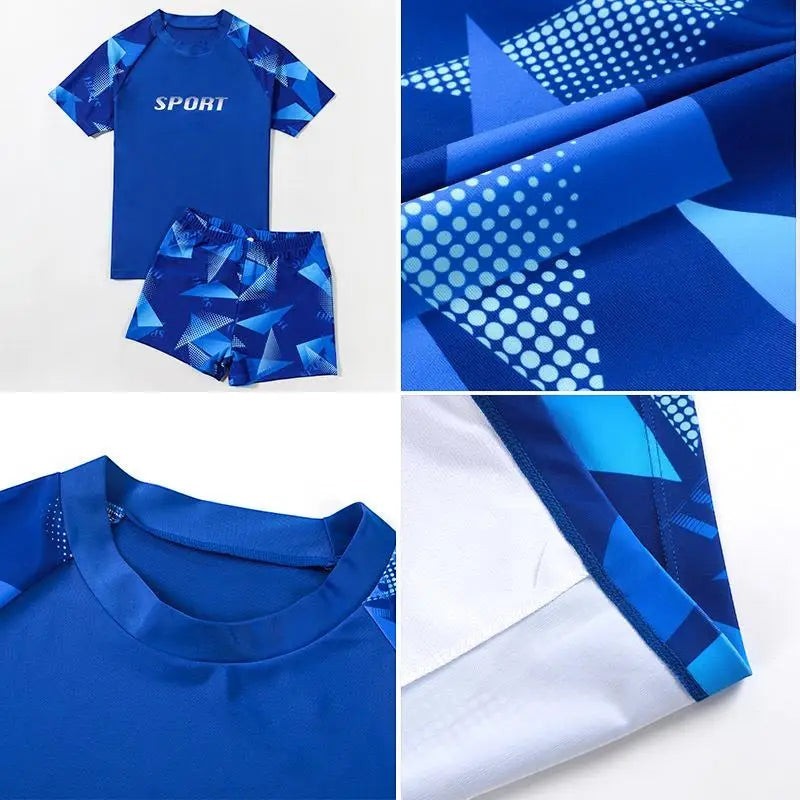 Creative Vault Marketplace boys' two-piece blue quick-dry swimwear set with geometric pattern and sport logo
