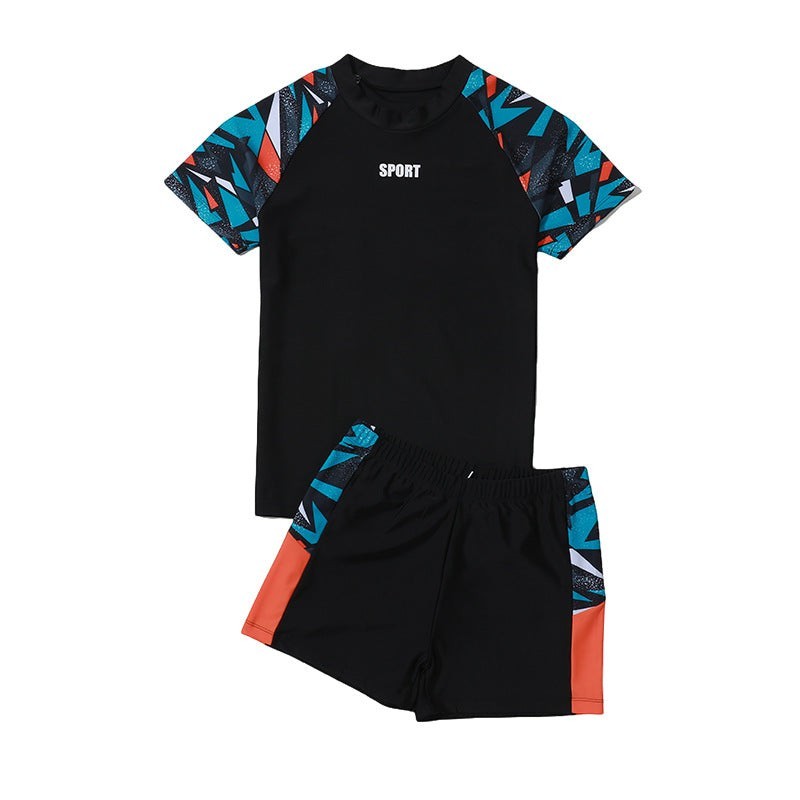 Creative Vault Marketplace boys two-piece black swim set with geometric blue and orange patterned sleeves and trunks