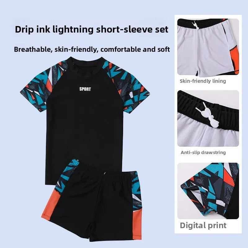 Creative Vault Marketplace boys' plus size two-piece swim set with geometric lightning print, short sleeves, and cap.