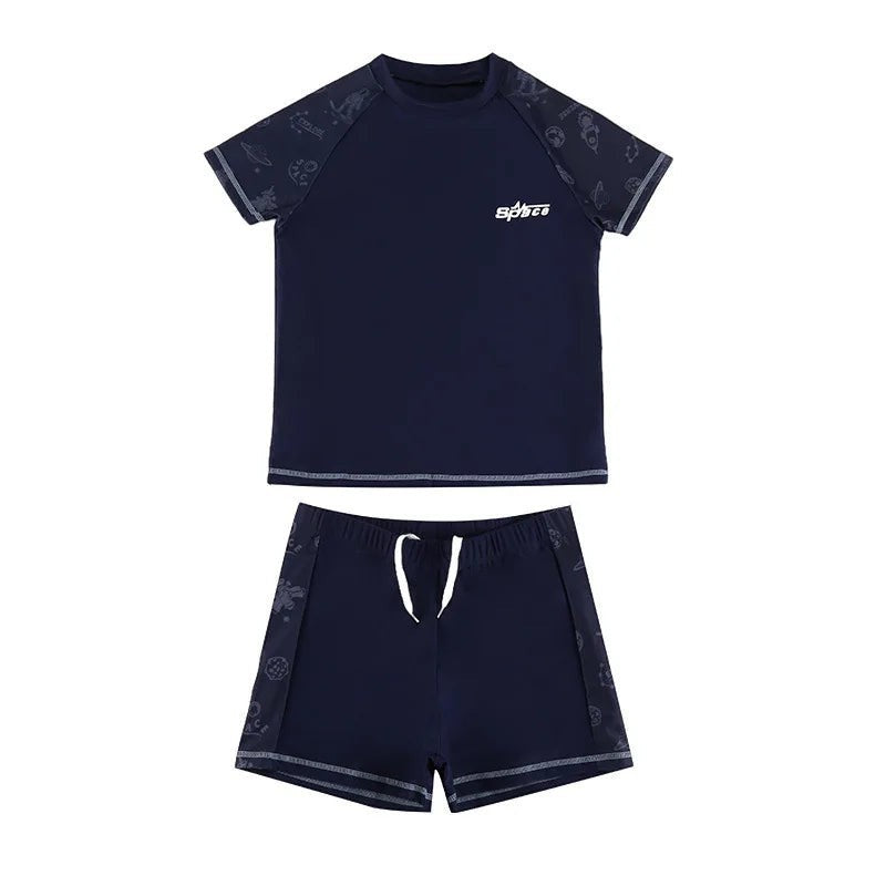 Creative Vault Marketplace boys' plus size navy blue two-piece swim set with space-themed sleeves and matching cap