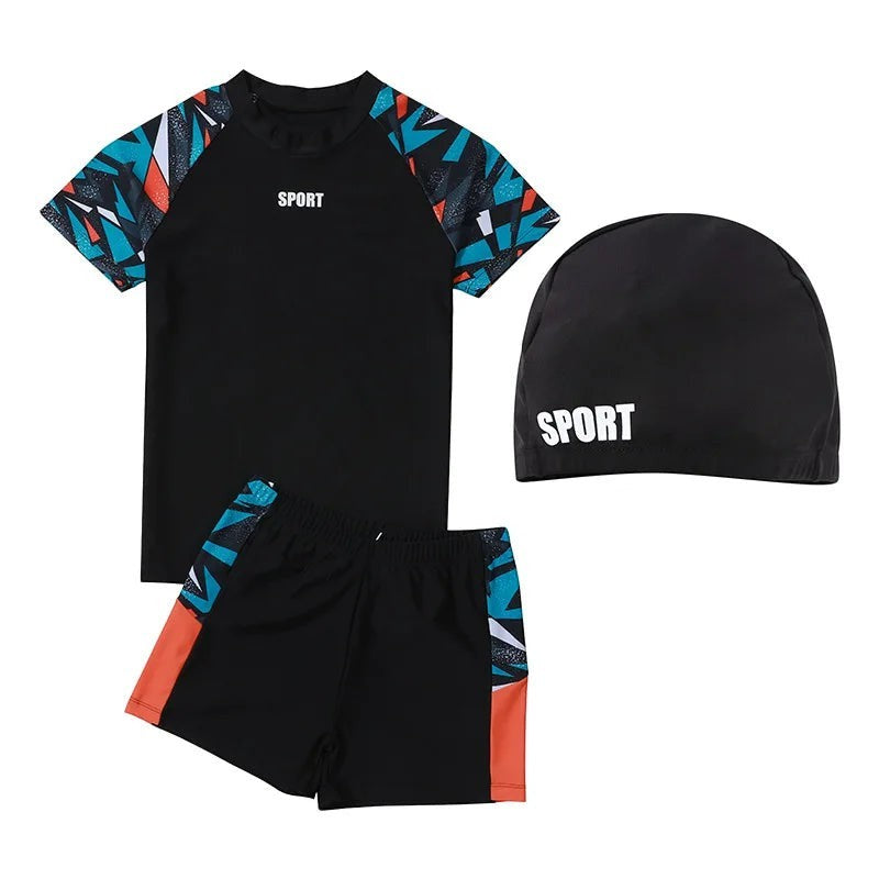 Creative Vault Marketplace boys' plus size two-piece black swimwear set with geometric sleeves, shorts, and swim cap.