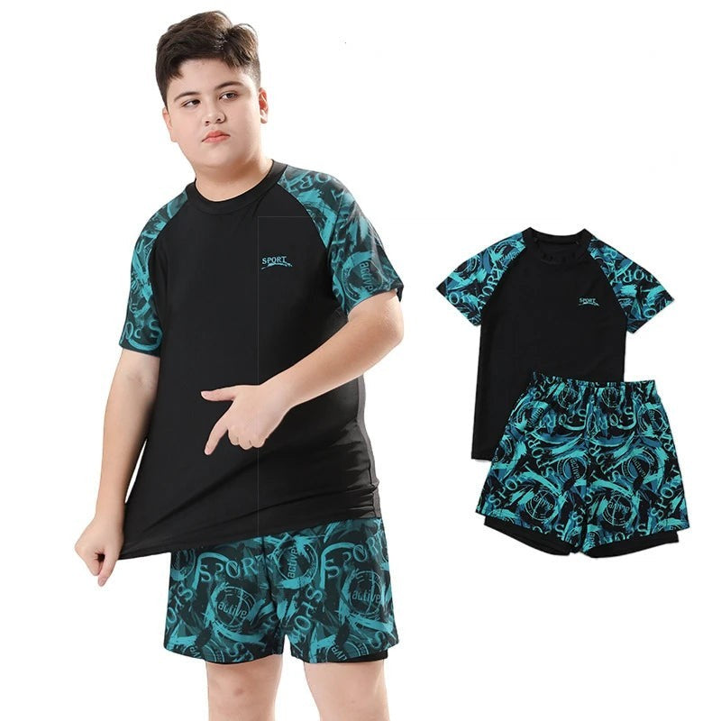 Creative Vault Marketplace boys' two-piece black and teal patterned short-sleeve swimwear set with matching cap