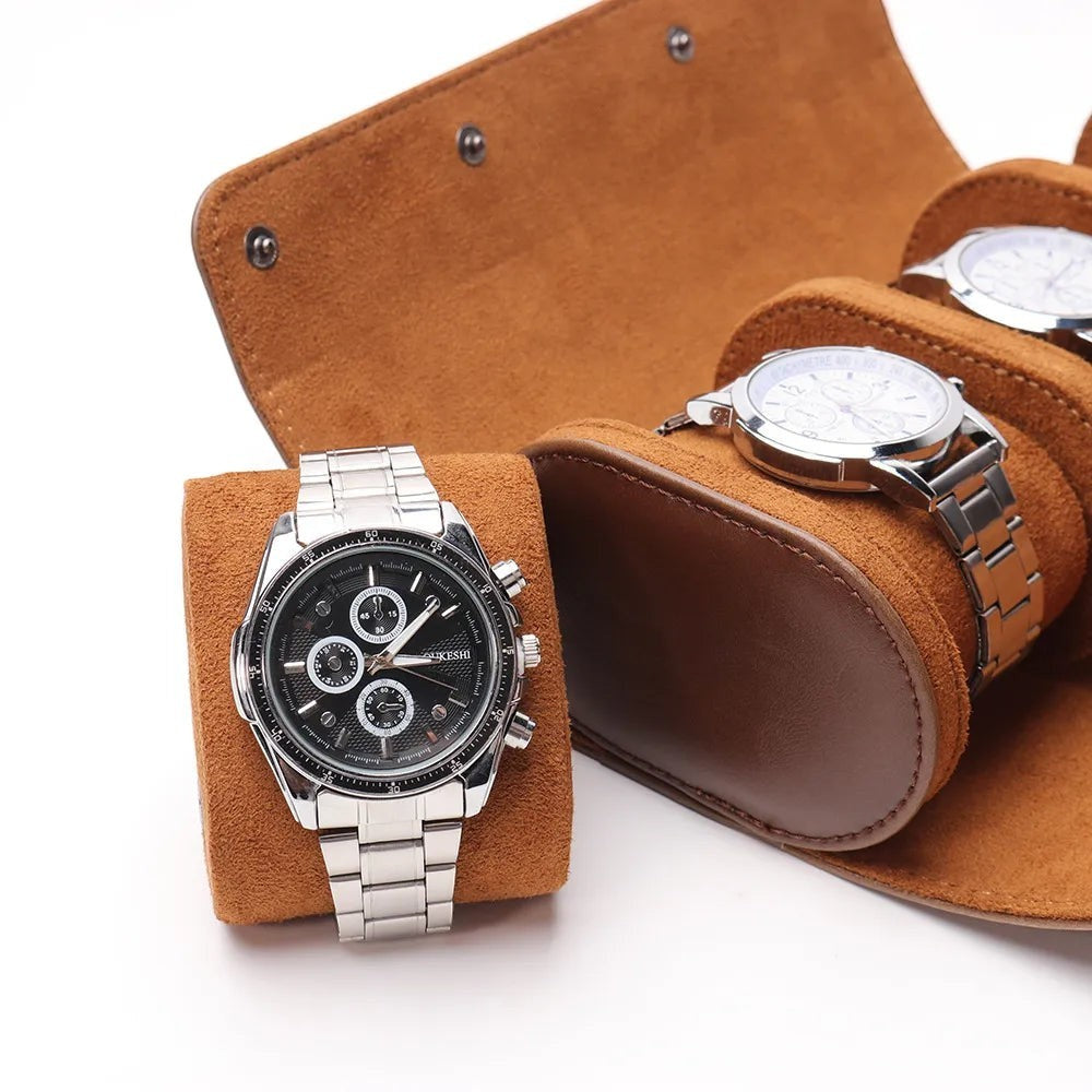 Creative Vault Marketplace brown PU leather travel watch case holding three silver wristwatches