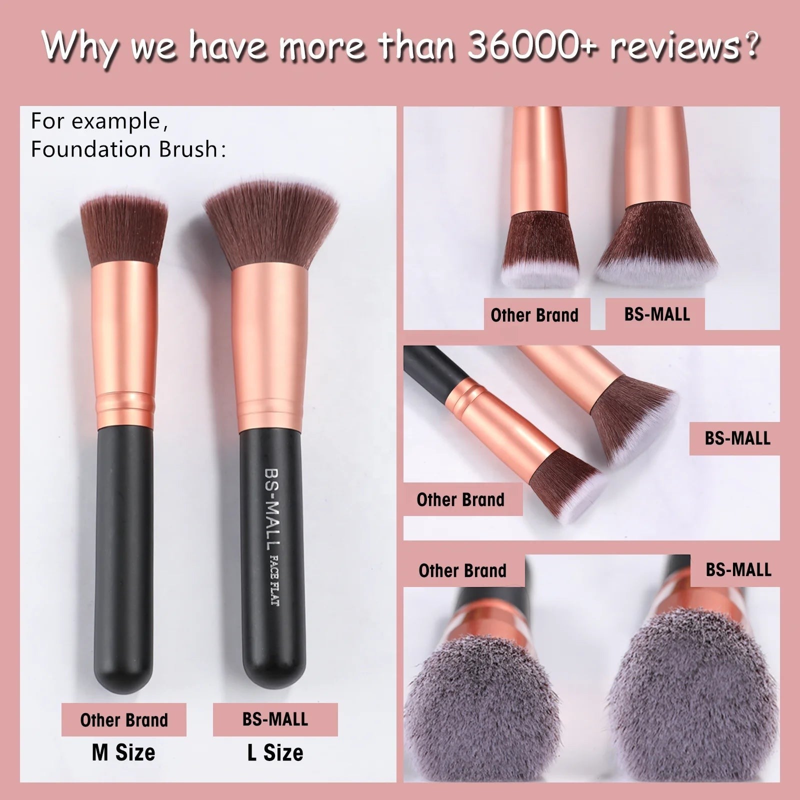 Creative Vault Marketplace BS-MALL foundation brushes showing dense synthetic bristles and rose gold ferrules