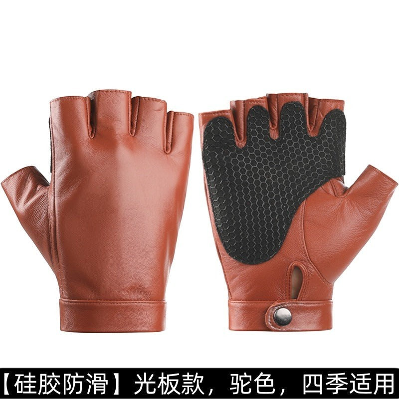 Creative Vault Marketplace camel sheepskin leather half-finger motorcycle gloves with black anti-slip palm texture
