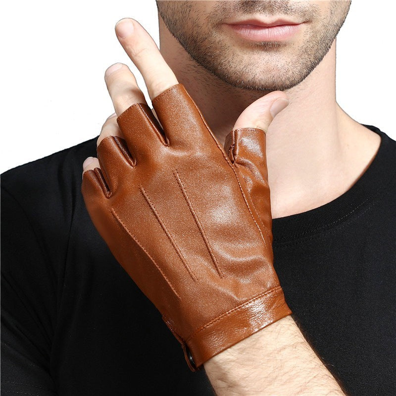Creative Vault Marketplace camel sheepskin leather half-finger motorcycle gloves worn by a man in a black t-shirt