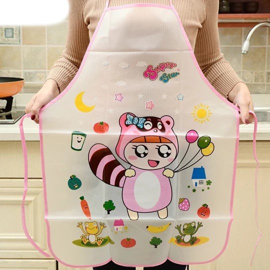 Creative Vault Marketplace waterproof PVC kitchen apron featuring a cute cartoon raccoon character and pink trim.