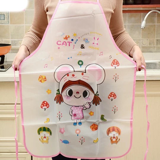 Creative Vault Marketplace waterproof PVC kitchen apron featuring a cute cartoon girl and cat print with pink trim.