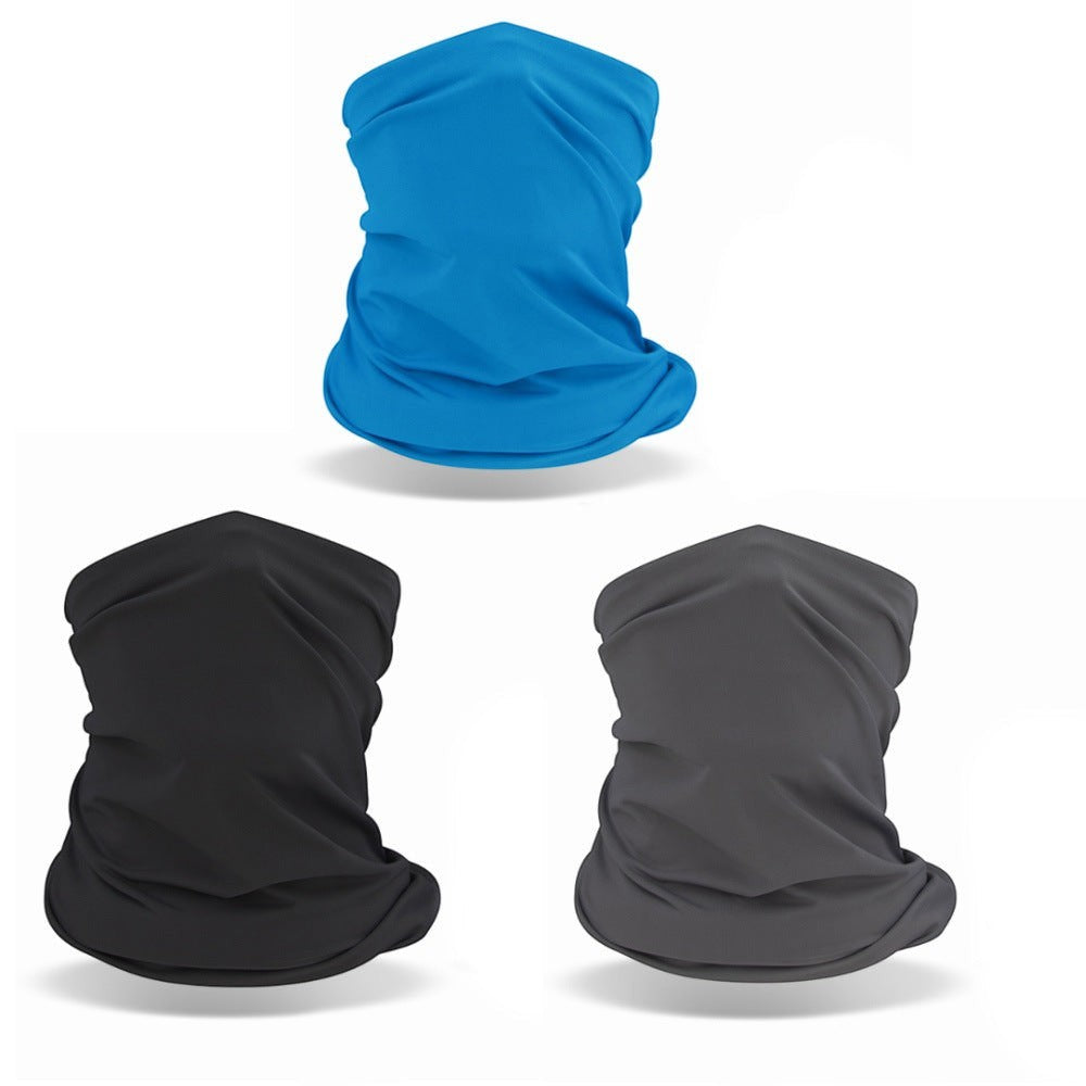 Creative Vault Marketplace cooling UV neck gaiters in reef blue, black, and cement gray spandex fabric.