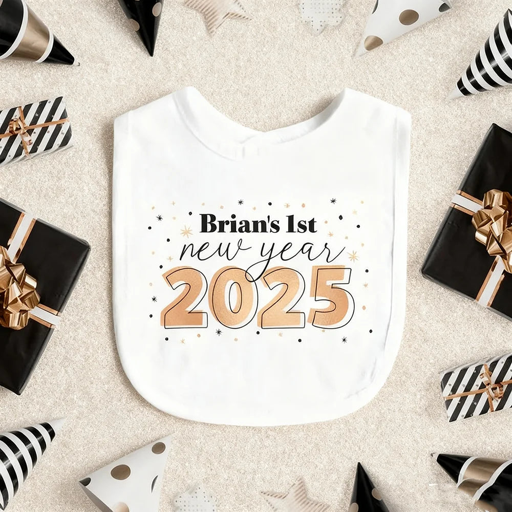 Personalized First New Years Bib Babies Boys Girls 1st New Years Present 2025 Happy New Years Outfit Bib Baby Shower Decoration by Creative Vault Marketplace