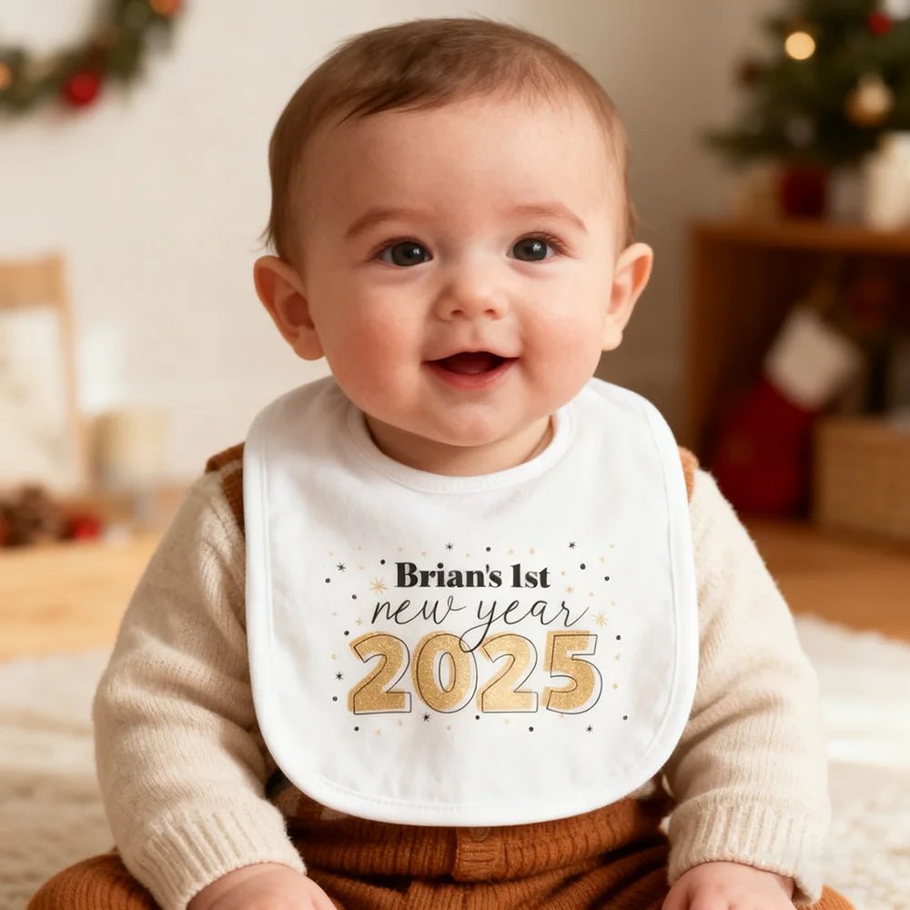 Personalized First New Years Bib Babies Boys Girls 1st New Years Present 2025 Happy New Years Outfit Bib Baby Shower Decoration by Creative Vault Marketplace