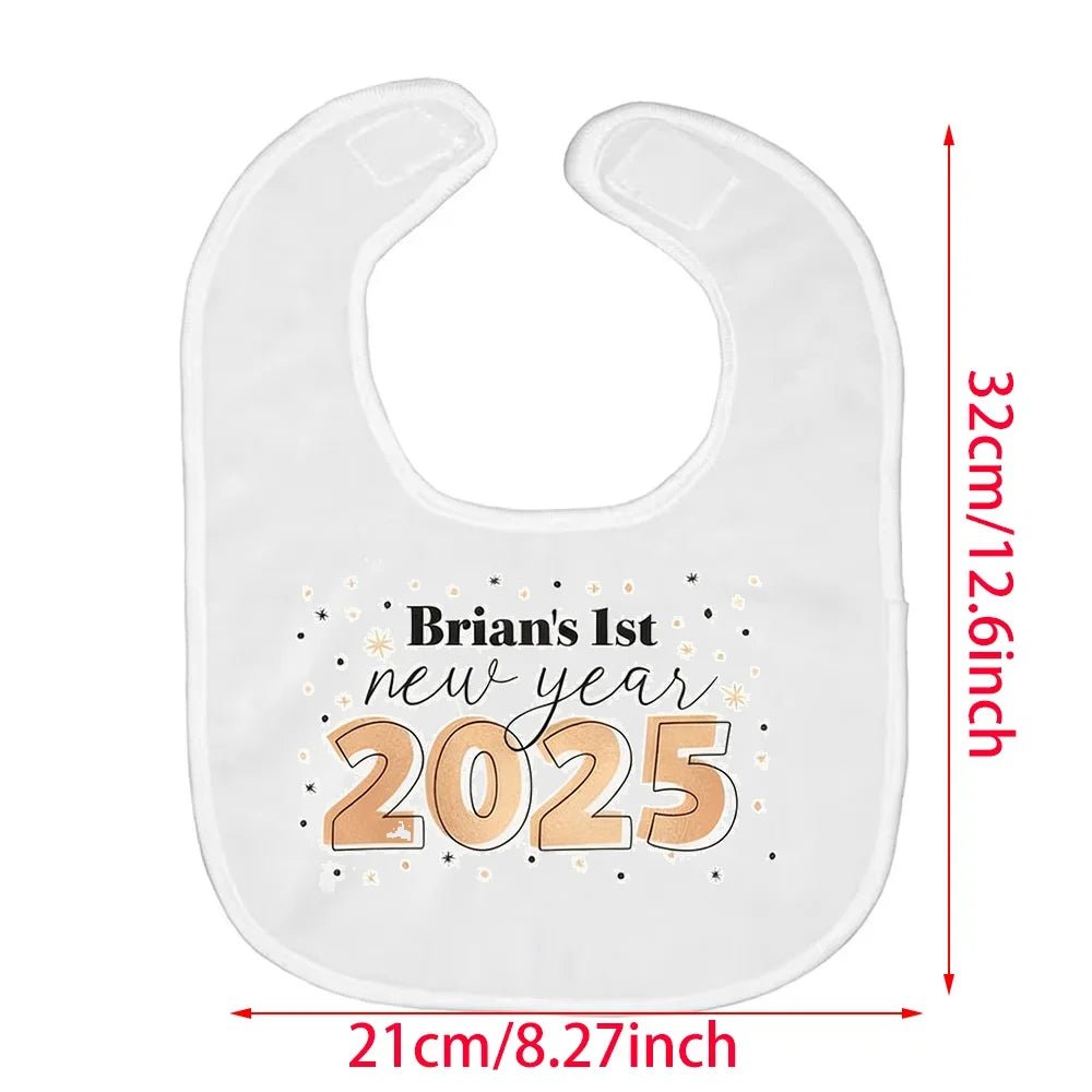 Personalized First New Years Bib Babies Boys Girls 1st New Years Present 2025 Happy New Years Outfit Bib Baby Shower Decoration by Creative Vault Marketplace