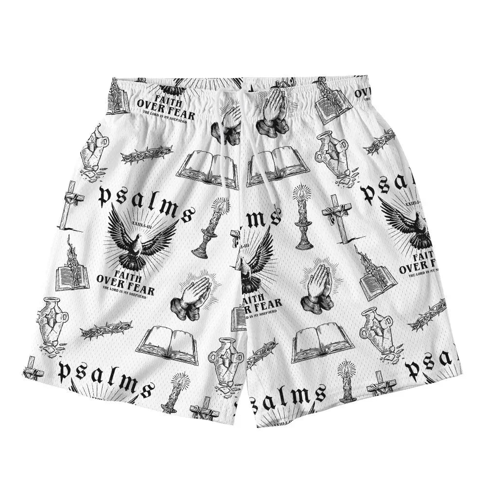 Men's Christian Summer Shorts - Faith Over Fear Black Casual Mesh Shorts for Ultimate Comfort by Creative Vault Marketplace