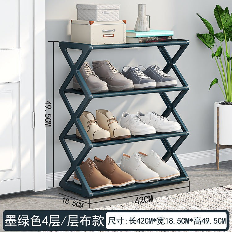 Creative Vault Marketplace dark green 4-tier X-frame metal shoe rack with shoes displayed in an entryway