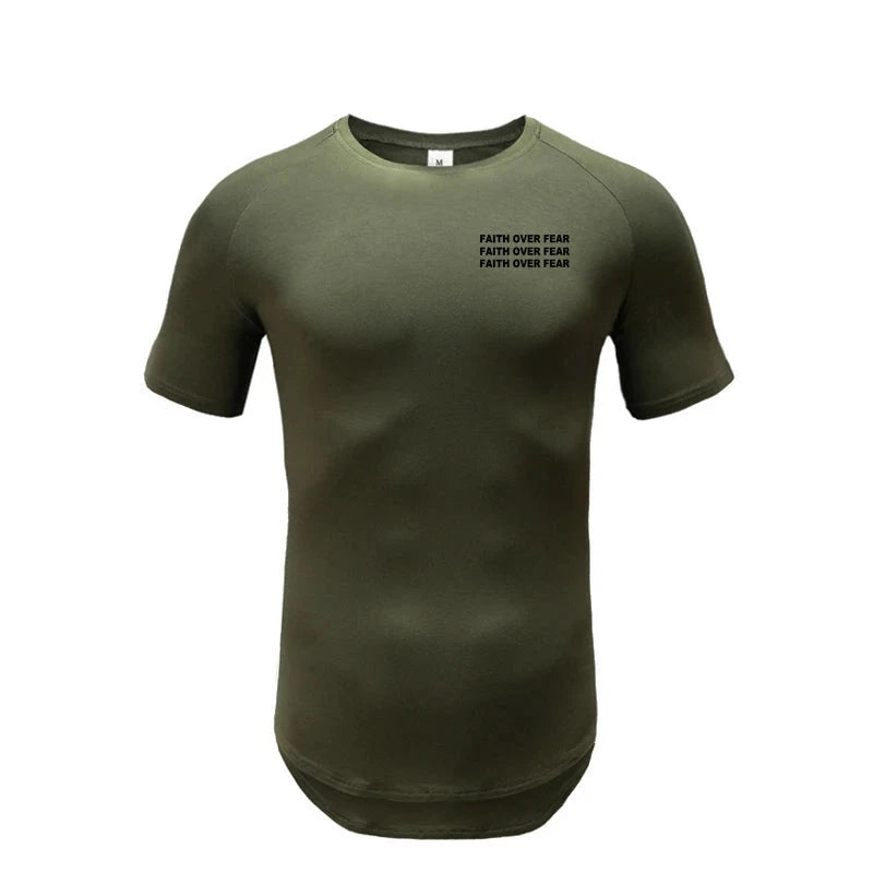 Faith Over Fear Gym Fitness Clothing Summer Short Sleeve T Shirt Hip Hop Extra Long Tops Tee Tshirts Men Cotton Slim Fit T-shirt by Creative Vault Marketplace