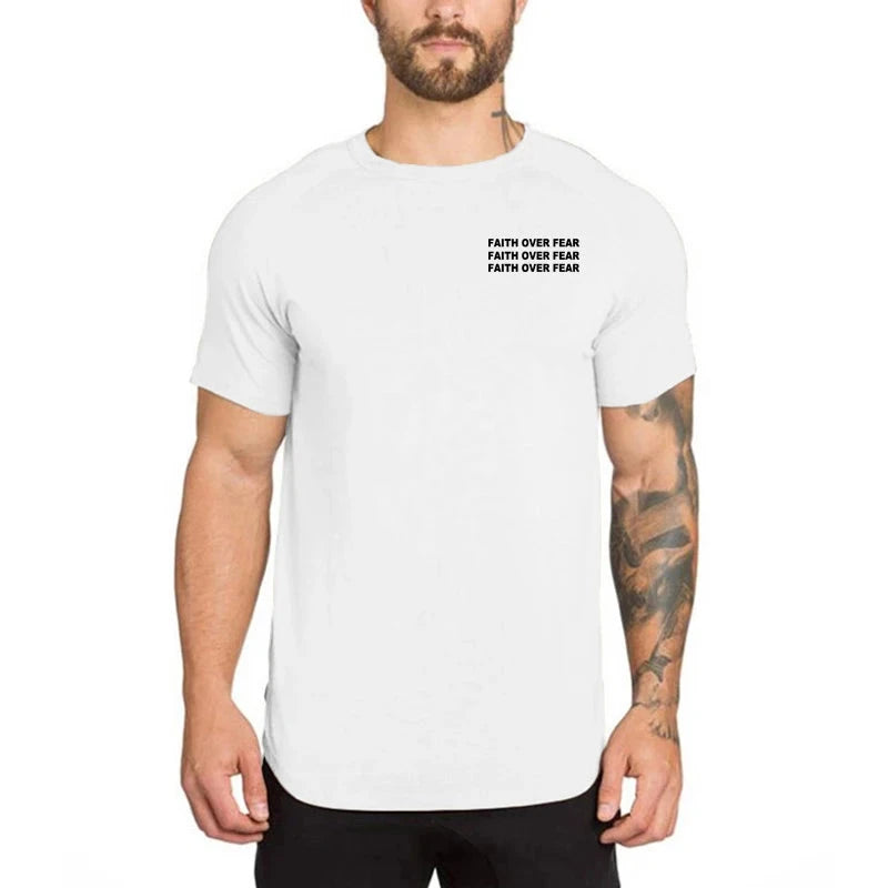 Faith Over Fear Gym Fitness Clothing Summer Short Sleeve T Shirt Hip Hop Extra Long Tops Tee Tshirts Men Cotton Slim Fit T-shirt by Creative Vault Marketplace