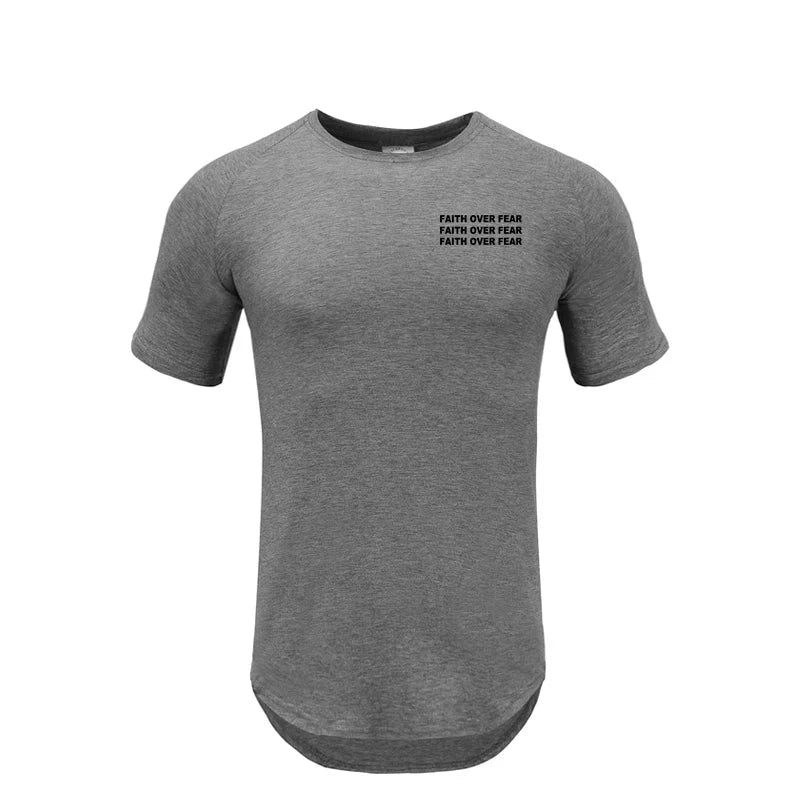 Faith Over Fear Gym Fitness Clothing Summer Short Sleeve T Shirt Hip Hop Extra Long Tops Tee Tshirts Men Cotton Slim Fit T-shirt by Creative Vault Marketplace