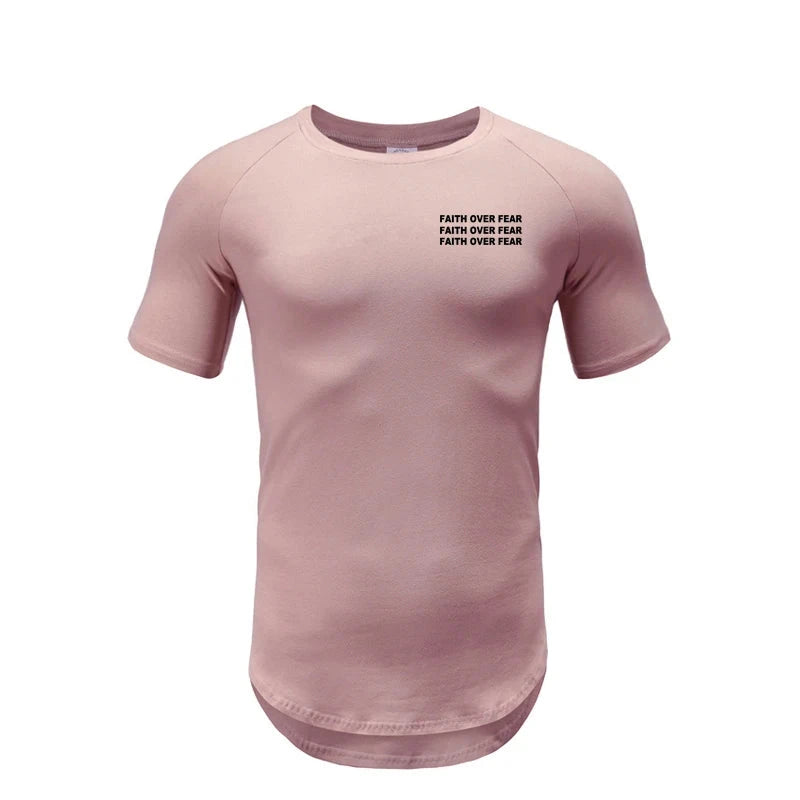 Faith Over Fear Gym Fitness Clothing Summer Short Sleeve T Shirt Hip Hop Extra Long Tops Tee Tshirts Men Cotton Slim Fit T-shirt by Creative Vault Marketplace