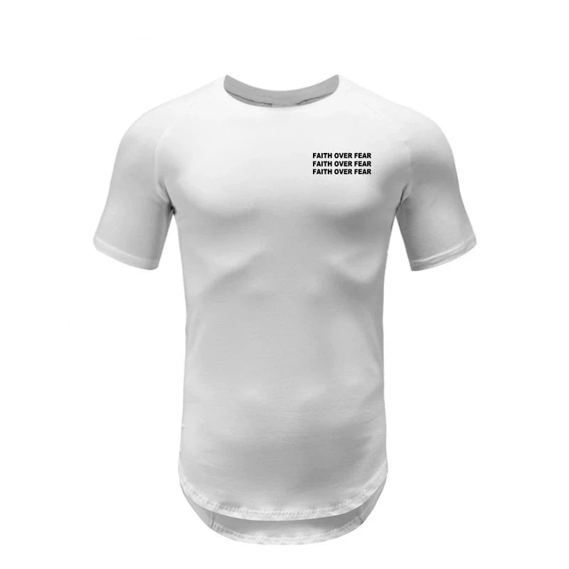 Faith Over Fear Gym Fitness Clothing Summer Short Sleeve T Shirt Hip Hop Extra Long Tops Tee Tshirts Men Cotton Slim Fit T-shirt by Creative Vault Marketplace