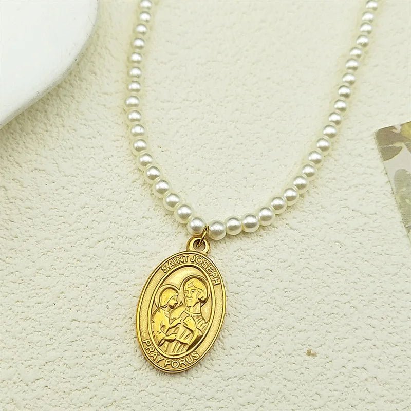 Saint Joseph Pray For Us Pendant Necklace For Women Girls Stainless Steel Pearl Gold Color Faith Amulet Catholic Chain Jewelry by Creative Vault Marketplace