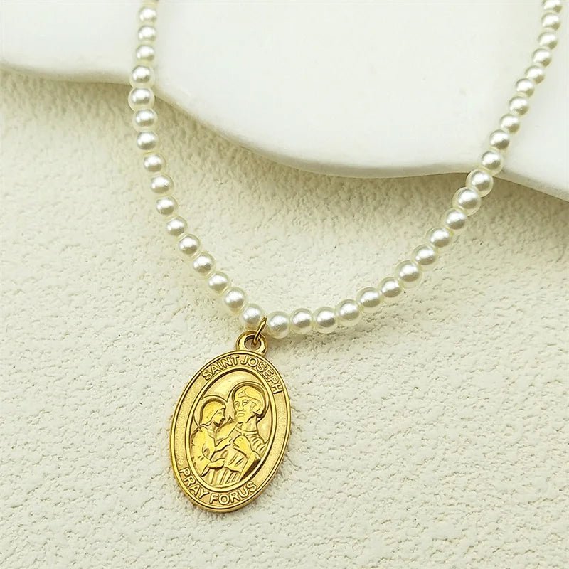 Saint Joseph Pray For Us Pendant Necklace For Women Girls Stainless Steel Pearl Gold Color Faith Amulet Catholic Chain Jewelry by Creative Vault Marketplace
