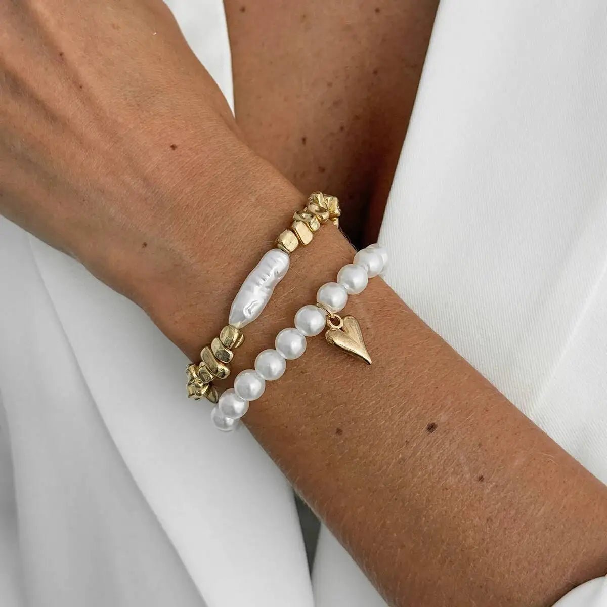 2Pcs/Set Elegant Imitation Pearl Bracelet for Women Bohemian Elastic Rope Chain Bracelet with Heart Pendant Jewelry Gift by Creative Vault Marketplace