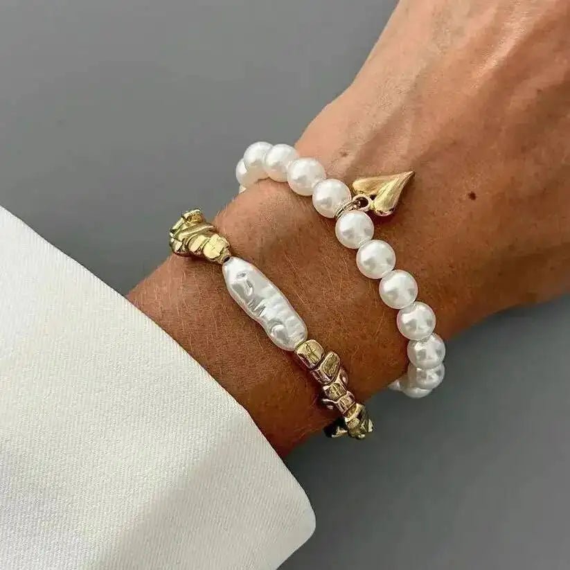 2Pcs/Set Elegant Imitation Pearl Bracelet for Women Bohemian Elastic Rope Chain Bracelet with Heart Pendant Jewelry Gift by Creative Vault Marketplace