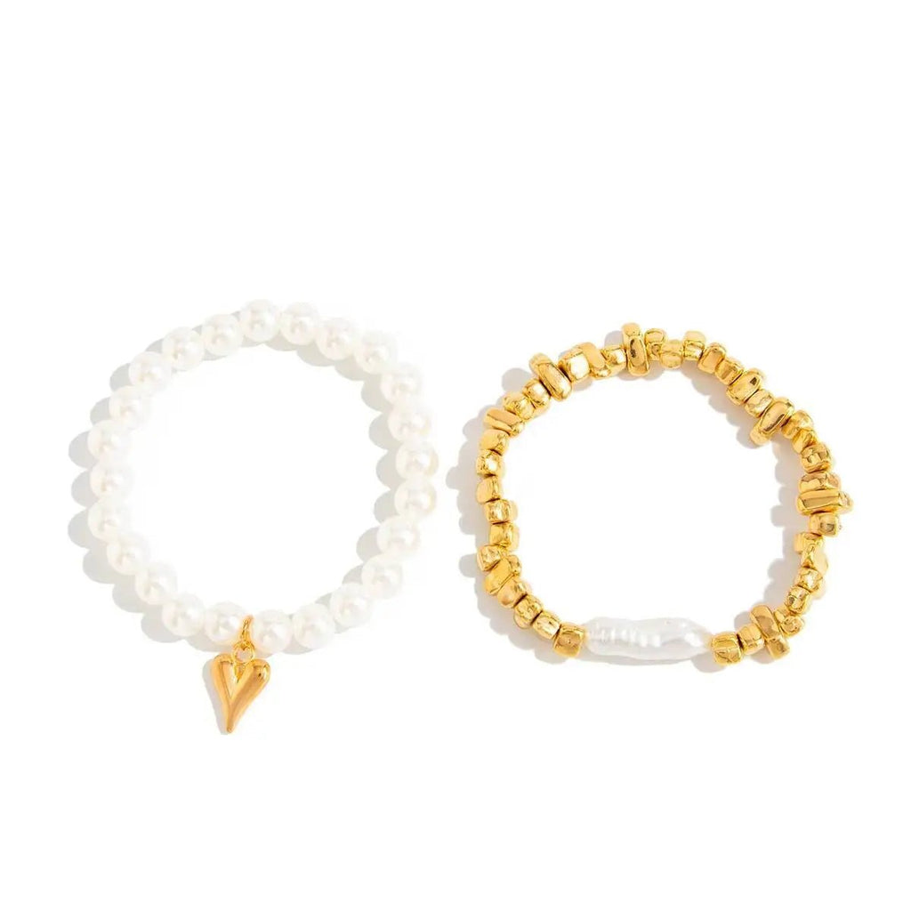 2Pcs/Set Elegant Imitation Pearl Bracelet for Women Bohemian Elastic Rope Chain Bracelet with Heart Pendant Jewelry Gift by Creative Vault Marketplace