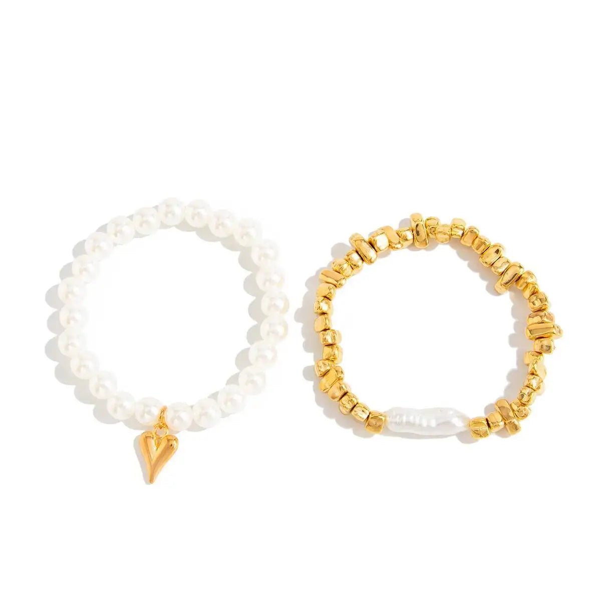 2Pcs/Set Elegant Imitation Pearl Bracelet for Women Bohemian Elastic Rope Chain Bracelet with Heart Pendant Jewelry Gift by Creative Vault Marketplace