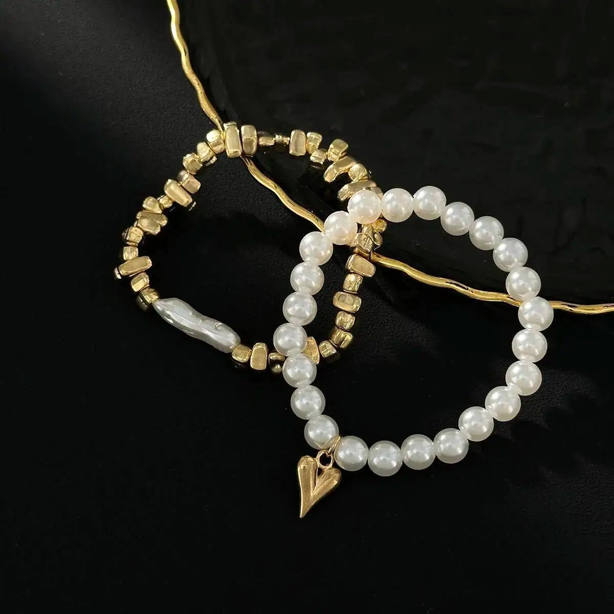 2Pcs/Set Elegant Imitation Pearl Bracelet for Women Bohemian Elastic Rope Chain Bracelet with Heart Pendant Jewelry Gift by Creative Vault Marketplace
