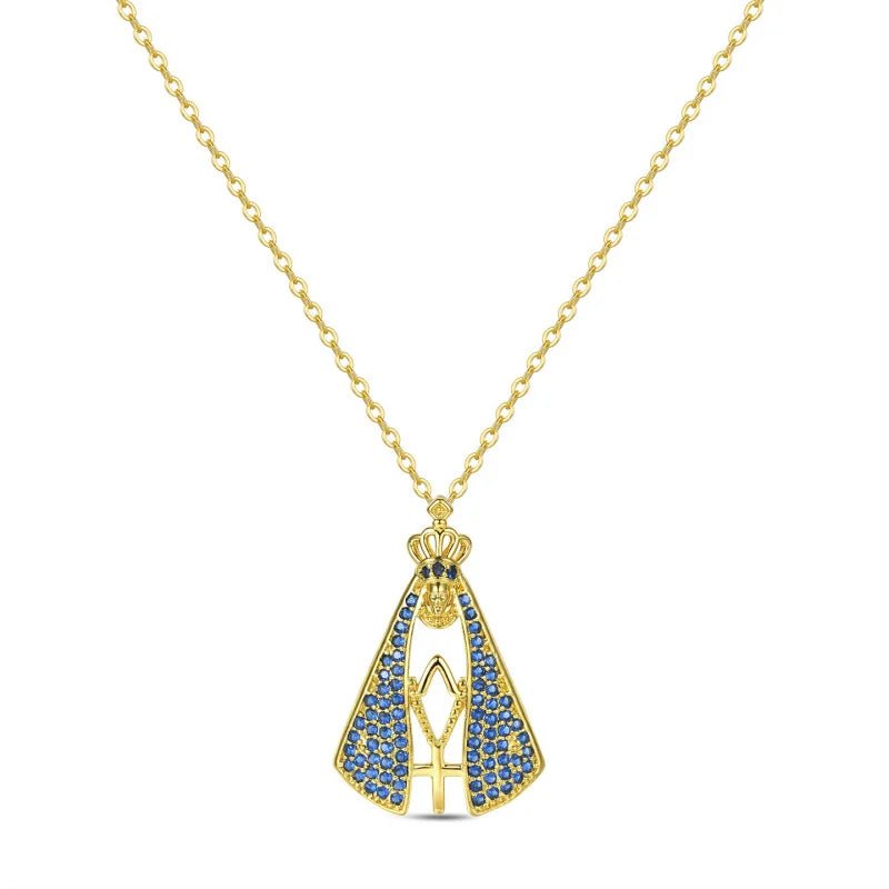 Crown Our Lady of Aparecida Pendant Necklace Hollow Robe Sapphire Blue Cubic Zirconia Religious Faith Blessing Women Jewelry by Creative Vault Marketplace