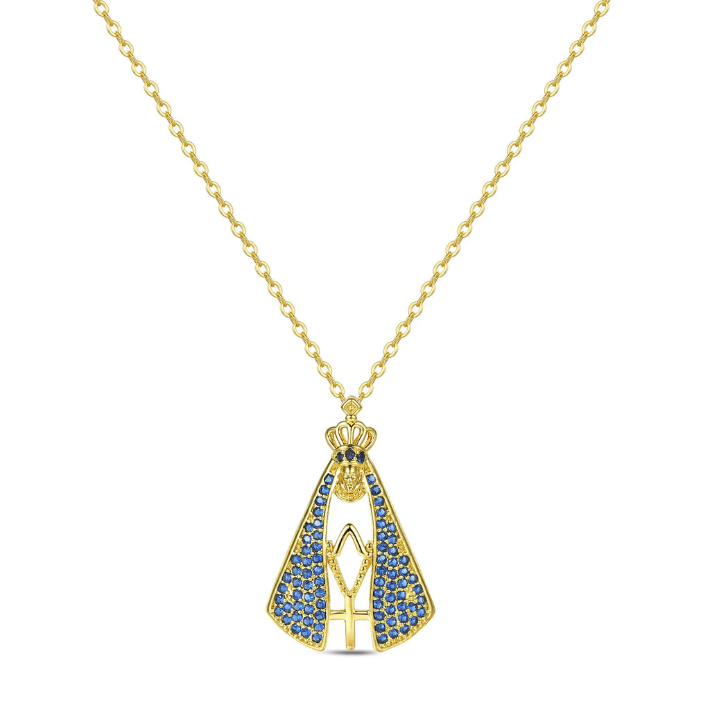 Crown Our Lady of Aparecida Pendant Necklace Hollow Robe Sapphire Blue Cubic Zirconia Religious Faith Blessing Women Jewelry by Creative Vault Marketplace