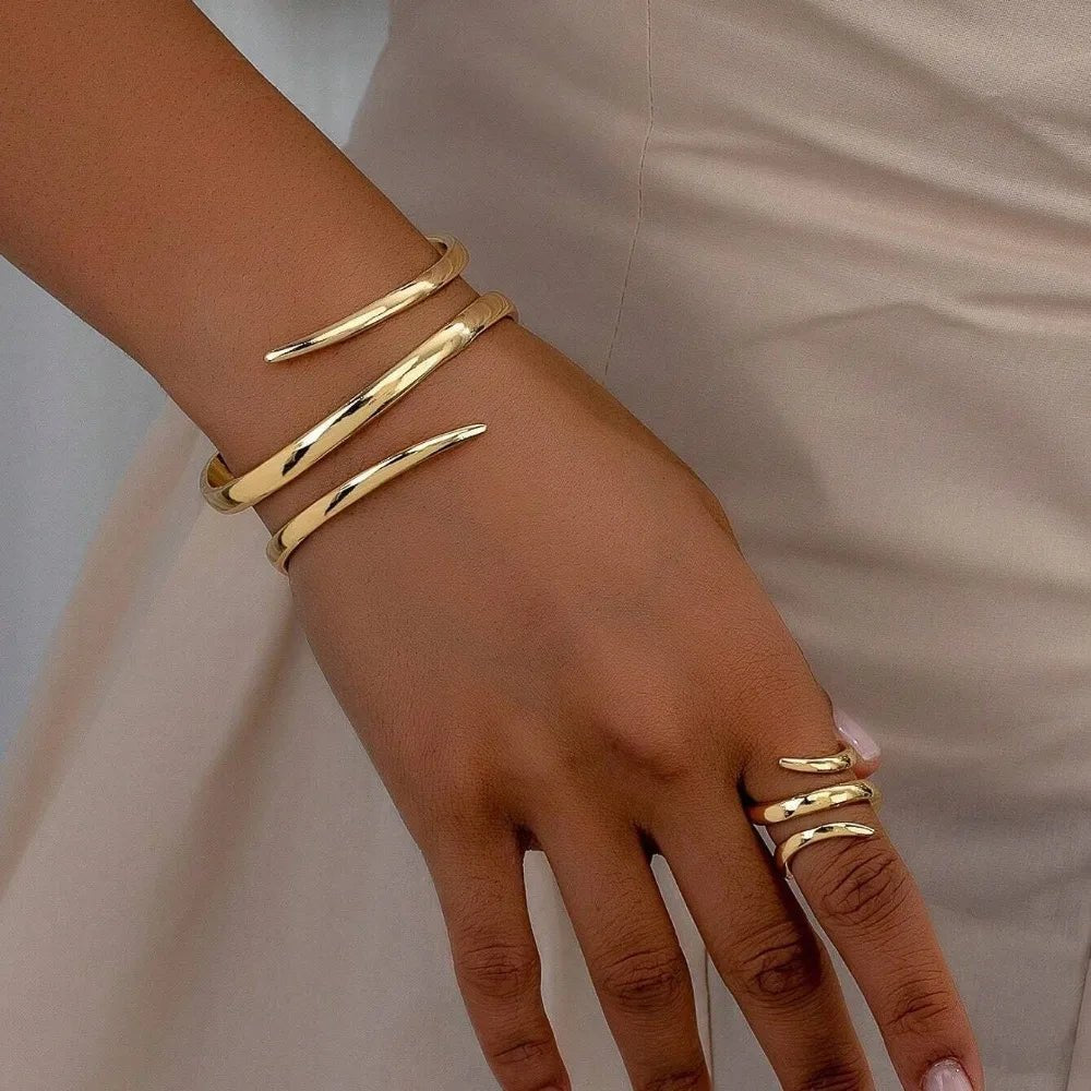 European and American Thick Bracelet and Ring Jewelry Set for Women Gold Color Geometric Line Bracelet Ring Combination Set Gift by Creative Vault Marketplace