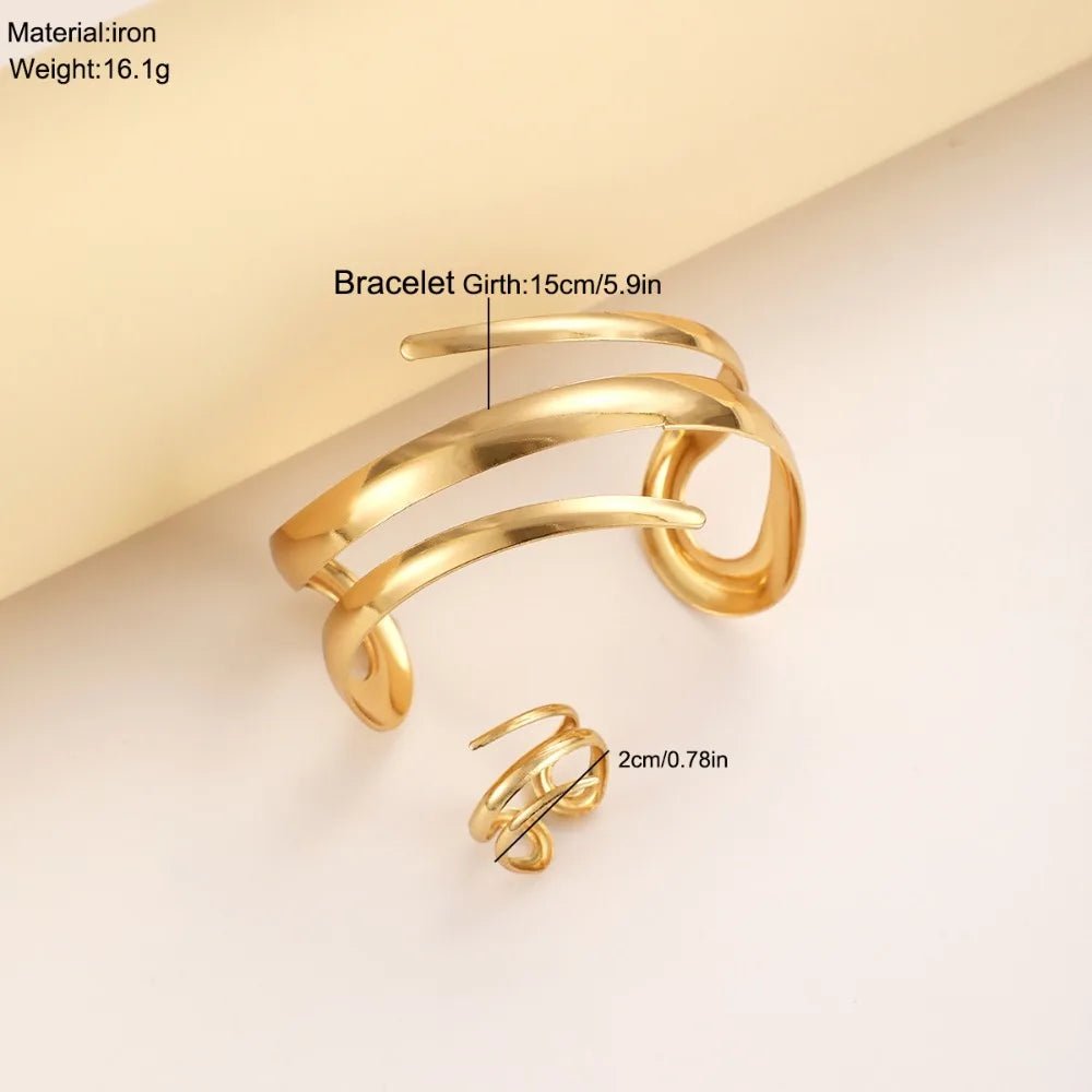 European and American Thick Bracelet and Ring Jewelry Set for Women Gold Color Geometric Line Bracelet Ring Combination Set Gift by Creative Vault Marketplace