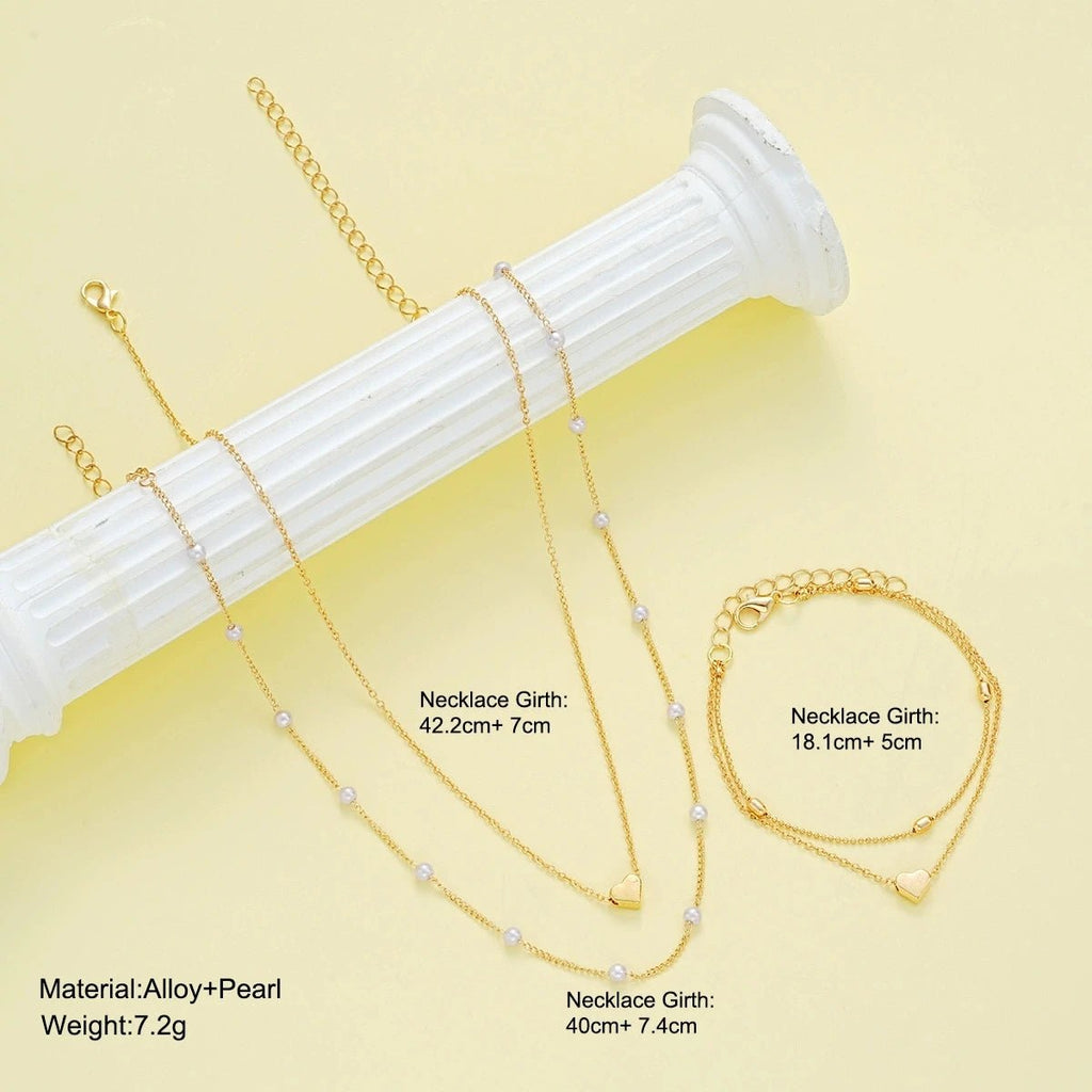 Fashion Imitation Pearl Heart Jewelry Set For Women Gold Silver Color Round Beads Necklace Bracelet Set Daily Wear Accessories by Creative Vault Marketplace