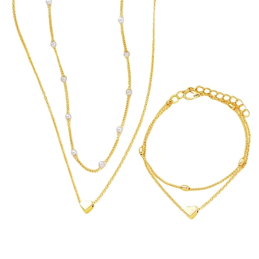 Fashion Imitation Pearl Heart Jewelry Set For Women Gold Silver Color Round Beads Necklace Bracelet Set Daily Wear Accessories by Creative Vault Marketplace