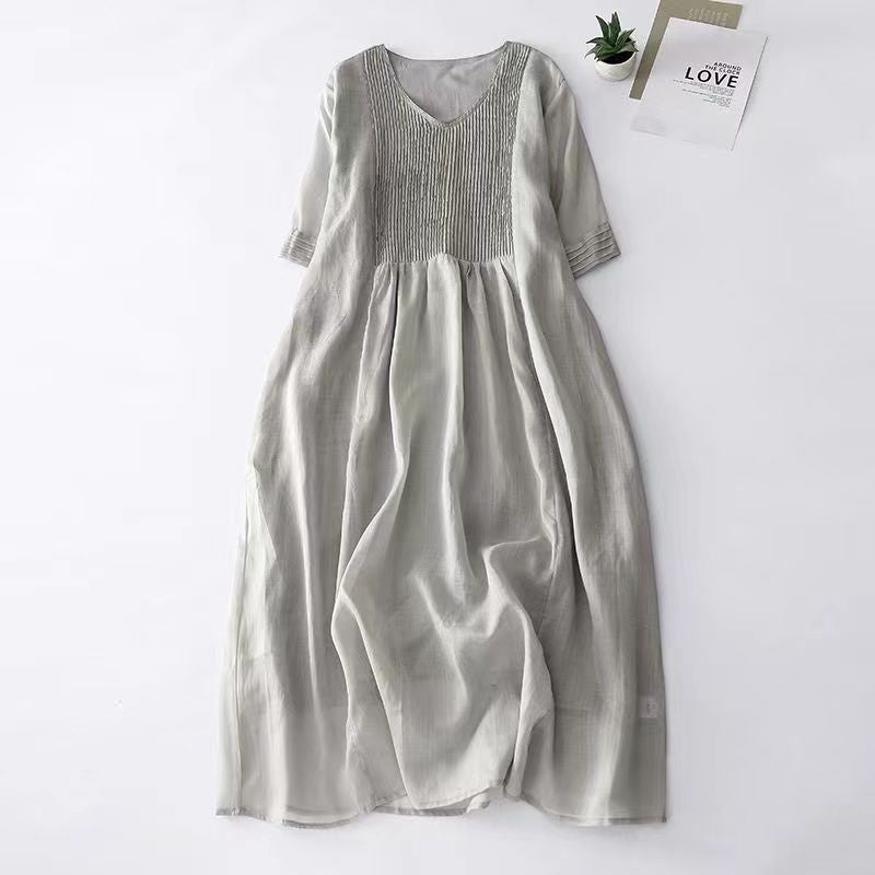 Creative Vault Marketplace gray blue vintage midi dress in cotton linen with organ pleated V-neck and half sleeves