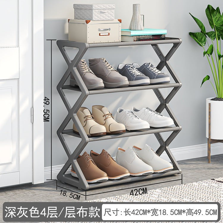 Creative Vault Marketplace grey metal 4-tier X-frame shoe rack with sneakers and dress shoes in a modern entryway