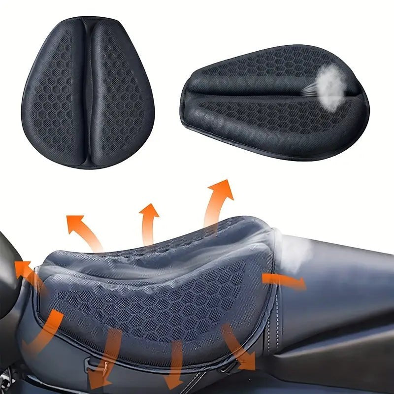 Creative Vault Marketplace black honeycomb gel motorcycle seat cushion showing shock absorption and breathable design