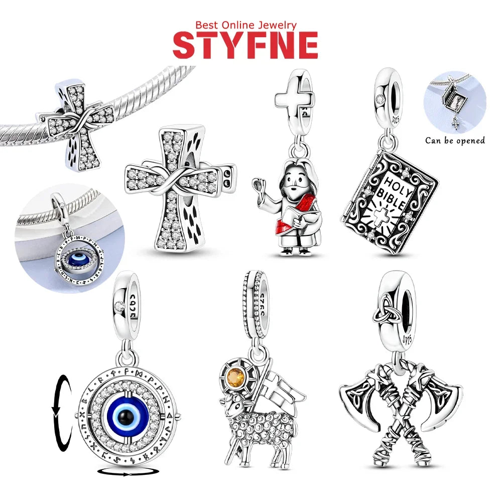 Faith Religious Charms 925 Silver Cross Bible Evil Eye Beads Lamb Jesus Pendant Fit Bracelet Bag Keychain Women DIY Jewelry Gift by Creative Vault Marketplace